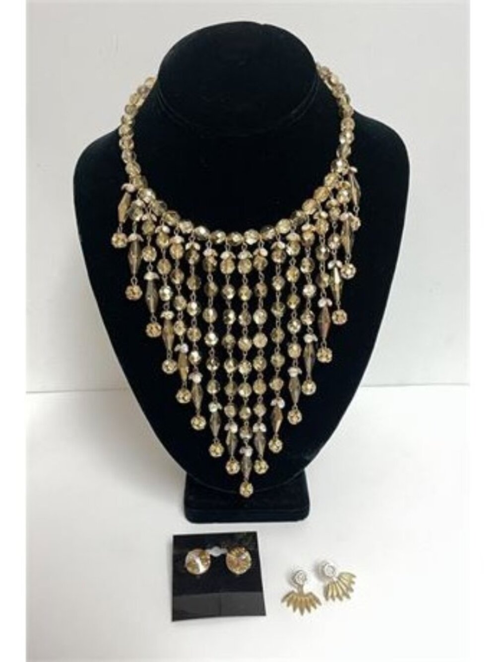 Signed Anna Glass Bead Fringe Bib Necklace Earrings Statement Set